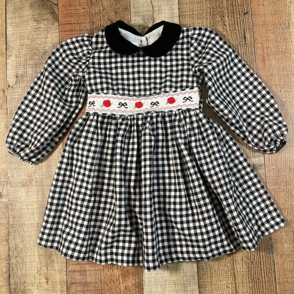 Bonnie Jean Girls 3T Black White Smocked Gingham Rose Dress Velvet Holiday